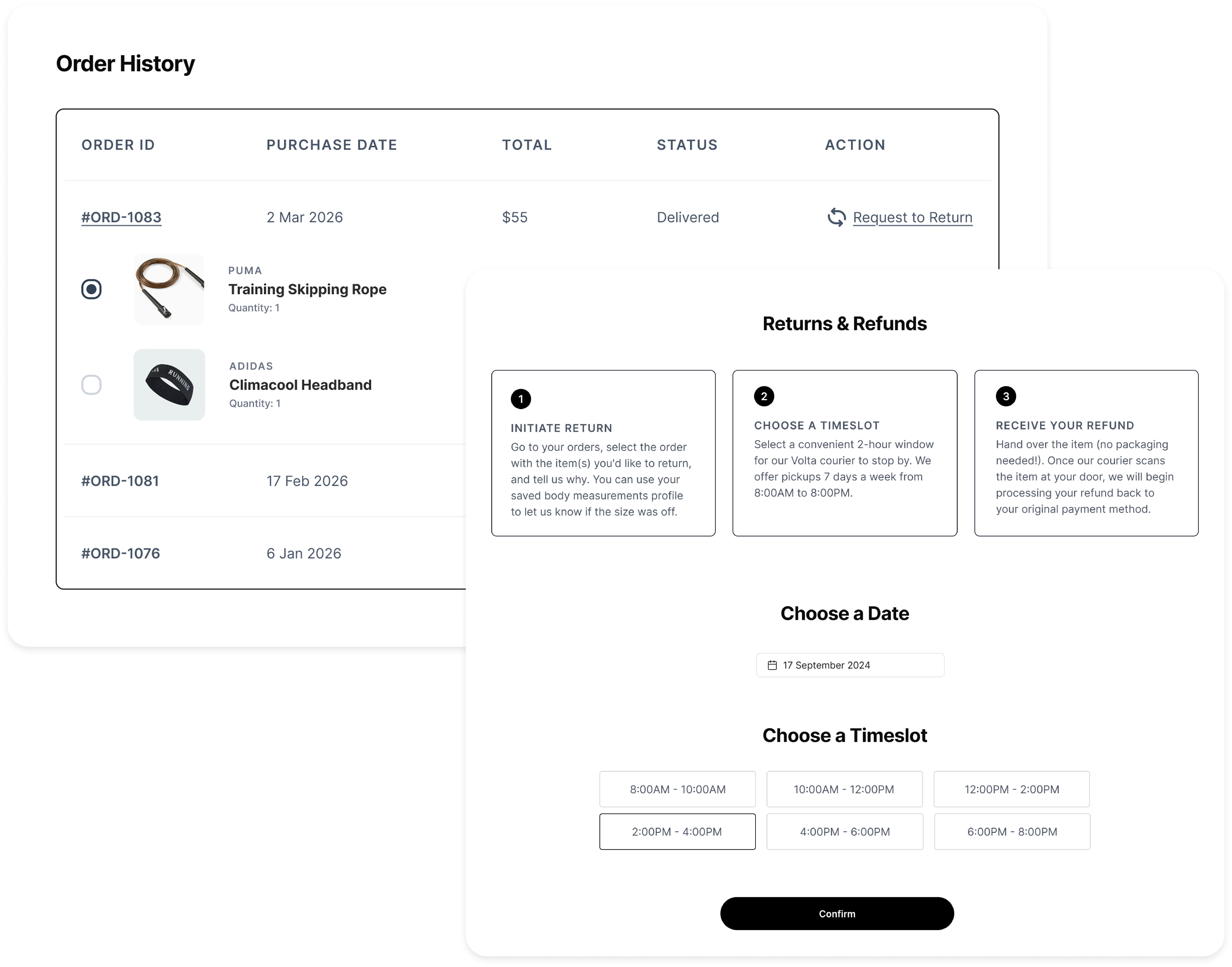 Volta returns page